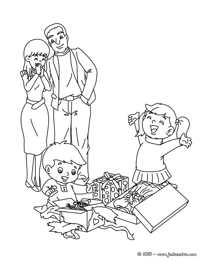 Coloriage Le Joie des enfants de leurs Cadeaux dessin gratuit à imprimer