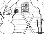 Coloriage Chalet et Bonhomme de Neige