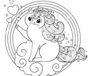 Coloriage Chat licorne avec les c&oelig;urs et les nuages