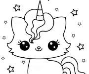 Coloriage Chat licorne chibi dans le ciel