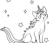 Coloriage Chat licorne et &eacute;toiles pour adulte