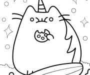 Coloriage Chat licorne Pusheen mange du biscuit