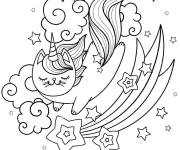 Coloriage Chat licorne qui vole entre les nuages