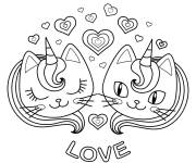 Coloriage et dessins gratuit chatons licorne amoureux à imprimer