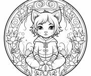 Coloriage Mandala onirique de f&eacute;e et de chat