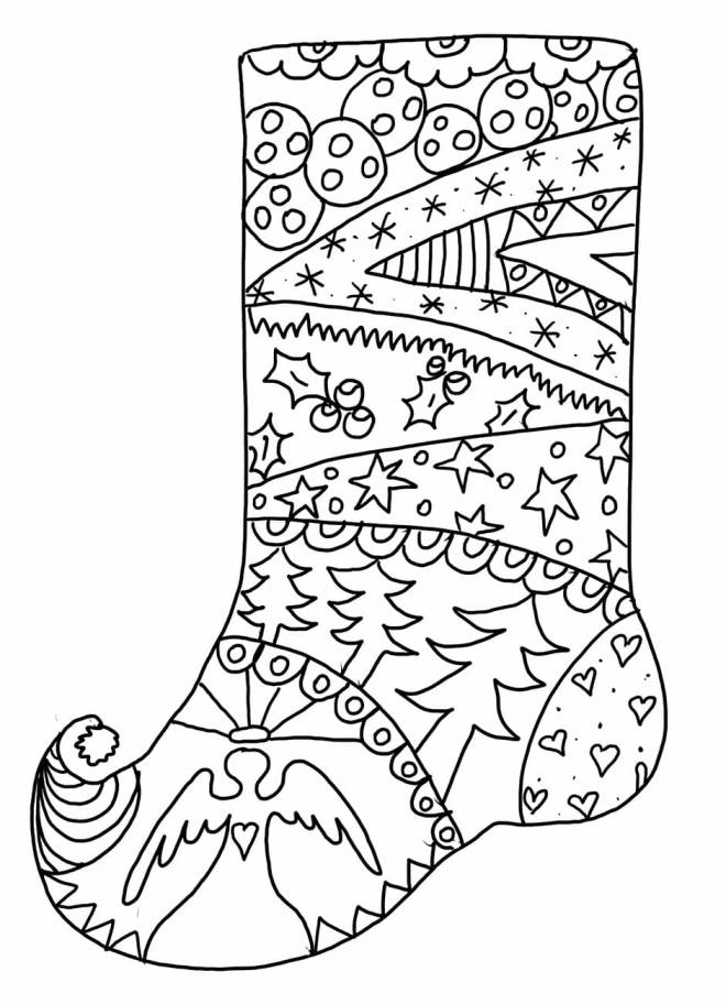 Coloriage Botte de noel décoré avec des sapins, des étoiles et des anges