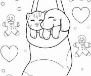 Coloriage Chaussette de No&euml;l avec un chiot et un chaton