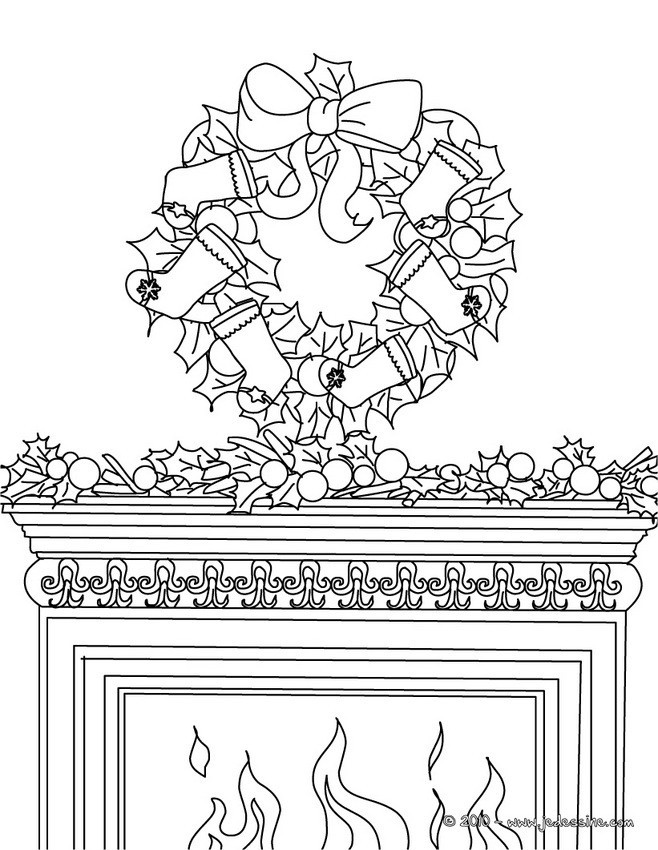 Coloriage et dessins gratuits Couronne de Noel sur cheminée à imprimer