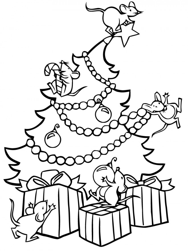 Coloriage et dessins gratuits Les souris sur Le Sapin de Noel  vecteur à imprimer