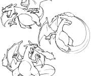 Coloriage Dracaufeu en diff&eacute;rentes positions