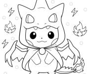 Coloriage Pikachu Kawaii en costume de Dracaufeu