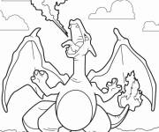 Coloriage Pok&eacute;mon Dracaufeu crachant du feu dans le ciel