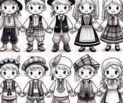 Coloriage et dessins gratuit Des enfants en costumes folklorique de l'Europe à imprimer