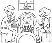 Coloriage et dessins gratuit La famille avec leur garçon sur le lit à imprimer