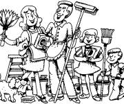 Coloriage La famille et le nettoyage de la maison