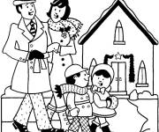 Coloriage La famille se balade pendant le no&euml;l