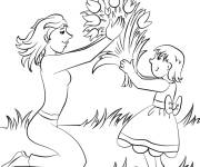 Coloriage La fille offre un bouquet de fleur &agrave; maman