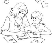 Coloriage La m&egrave;re aide son fils &agrave; faire son travail &agrave; la maison