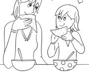Coloriage La m&egrave;re et sa fille pendant le d&icirc;ner 
