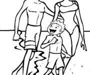Coloriage Le p&egrave;re, la m&egrave;re et leur fils sur la plage