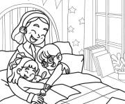 Coloriage Les deux enfants sur le lit de leur mère