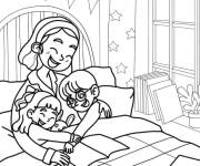 Coloriage Les deux enfants sur le lit de leur m&egrave;re