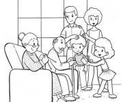 Coloriage Les enfants apportent des cadeaux pour leurs grand parents