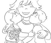 Coloriage Les enfants embrasent leur m&egrave;re