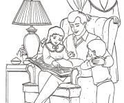 Coloriage Papa en train de lire une histoire pour son fils et sa fille