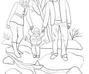 Coloriage Papa, maman et leur fils en lan&ccedil;ant un bateau sur la rivi&egrave;re