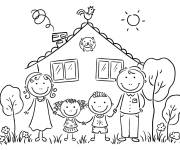 Coloriage Une famille devant leur maison