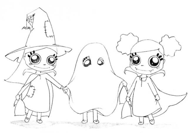Coloriage et dessins gratuits Les sorcières et le fantôme Halloween à imprimer
