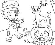 Coloriage Enfant Frankenstein avec son chat la citrouille de Halloween