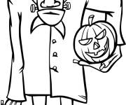 Coloriage Frankenstein tenant une citrouille de Halloween