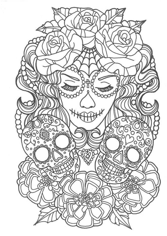 Coloriage et dessins gratuits Sorcière entourée de crânes et de roses à imprimer