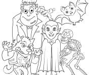 Coloriage Chauve-souris avec les personnages de Halloween