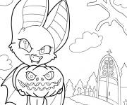 Coloriage Chauve-souris de dessin anim&eacute; tenant une citrouille d&eacute;cor&eacute;e