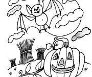 Coloriage Chauve-Souris et citrouille de Halloween dans le champ