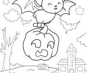 Coloriage Chauve-souris joyeux portant une citrouille &agrave; Halloween