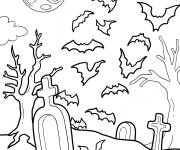 Coloriage Cimeti&egrave;re d'Halloween avec des chauves-souris dans le ciel