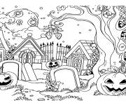 Coloriage Paysage d'Halloween avec une chauve-souris au centre