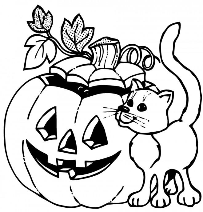Coloriage et dessins gratuits Halloween chat noir et citrouille à imprimer