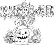 Coloriage Jeune sorcière sur une citrouille