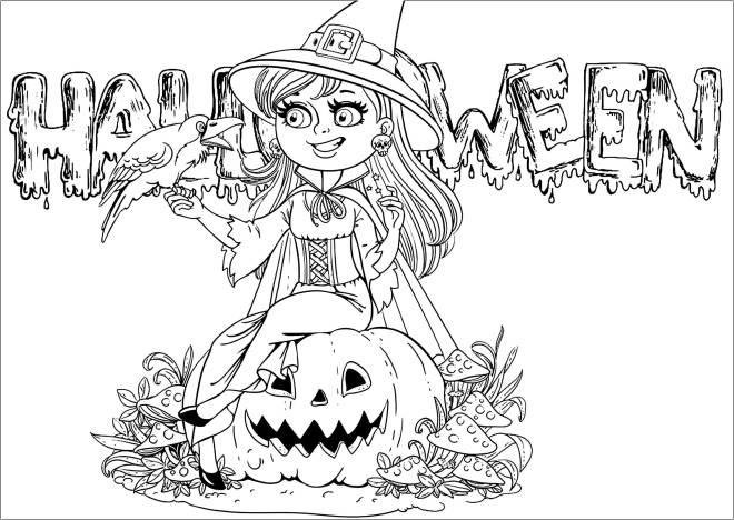 Coloriage et dessins gratuits Jeune sorcière sur une citrouille à imprimer