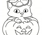 Coloriage Un Chat mignon sur La Citrouille d'Holloween