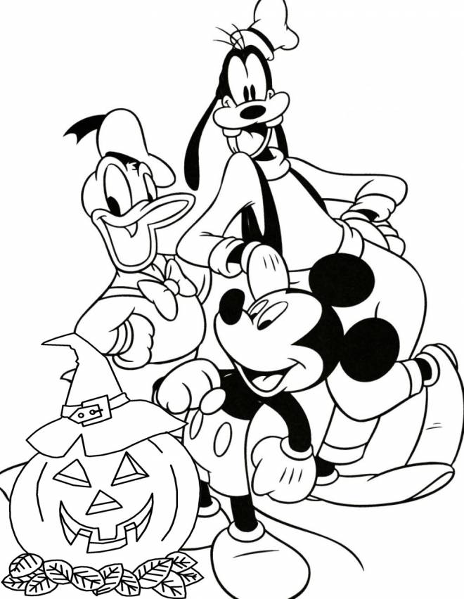 Coloriage et dessins gratuits Goofy, Donald et Mickey fiers de leur citrouille d'Halloween à imprimer