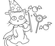 Coloriage et dessins gratuit Chat adorable portant chapeau de sorcier avec des bonbons à imprimer