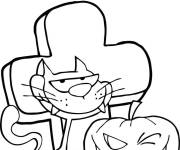 Coloriage Chat de cartoon dans une cimeti&egrave;re pour Halloween cp