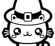 Coloriage Chat kawaii mignon portant chapeau de sorci&egrave;re