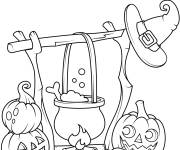 Coloriage Chaudron de la sorci&egrave;re et citrouille Halloween